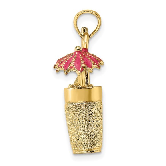 14k Yellow Gold 3-D Cocktail Drink Fuschia Enamel Umbrella & Lime Charm Pendant